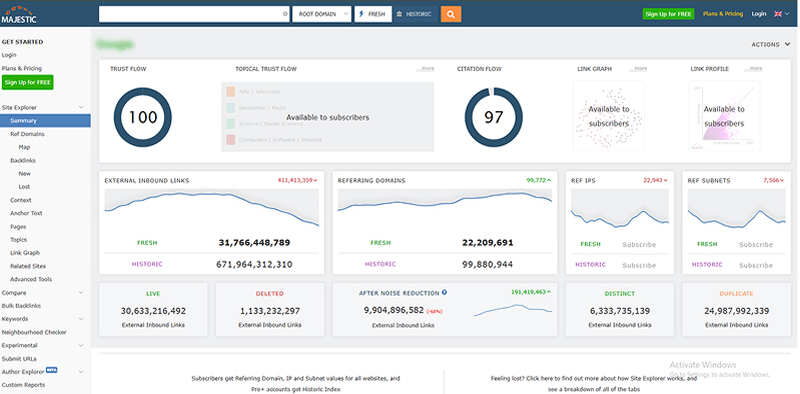 Majestic SEO tool showing backlink analysis and trust metrics